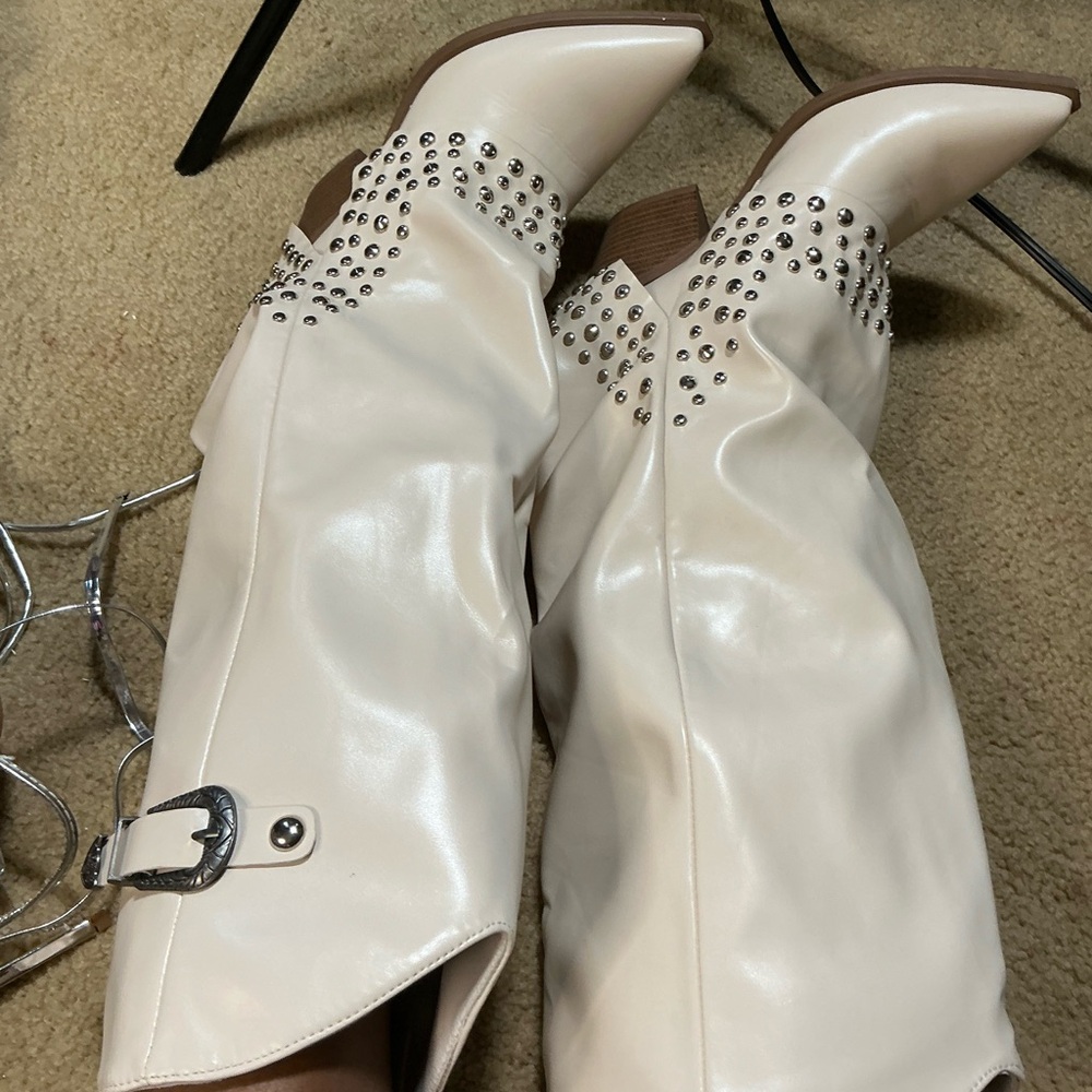 Fashion Nova Cream Studded Heeled Boots
